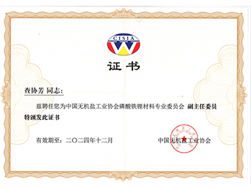 無(wú)機(jī)鹽工業(yè)協(xié)會(huì)磷酸鐵鋰行業(yè)專(zhuān)業(yè)委員會(huì)副主任委員證書(shū)